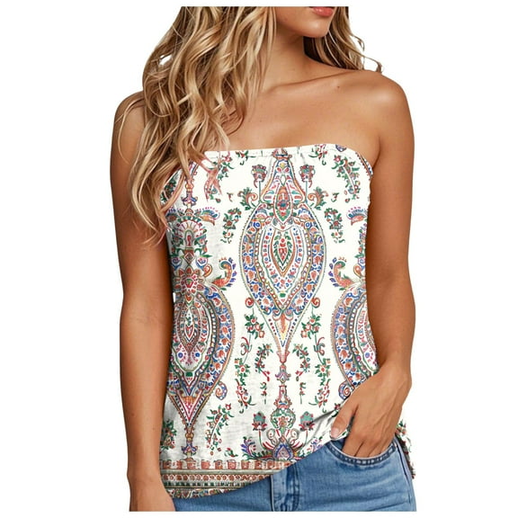 Pimfylm Tube Tops for Women Sleeveless Smocked Ruffled Tanks Strapless Floral Print Tube Tops Lightweight Sexy Bandeau Khaki, S