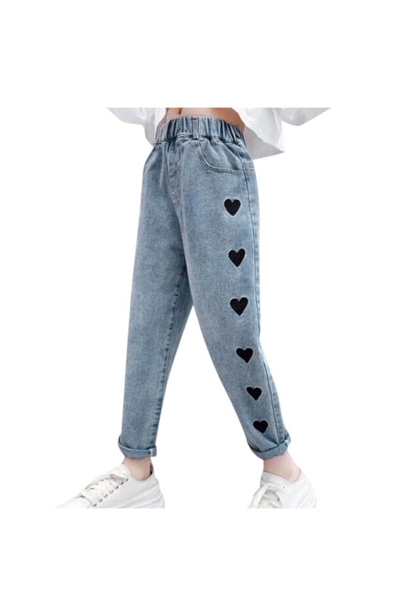 Tween Girl Cargo Jeans Girl's Baggy Jeans Heart Print Jeans Wide Leg Y2k Cute Denim Pants with Pockets Dark Blue,Size for 6-7 Years