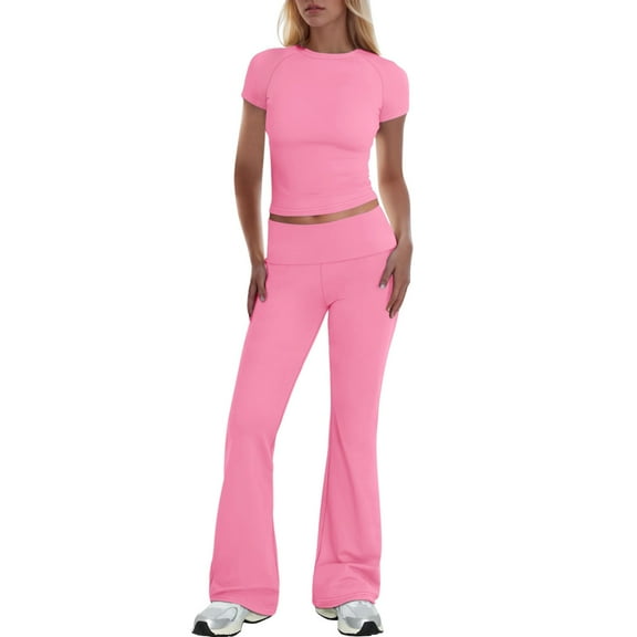 Pimfylm Two Piece Lounge Sets for Women Wide Leg Pants Short Sleeve Crop Tops Y2k Matching Sets Travel Outfits Hot Pink, S