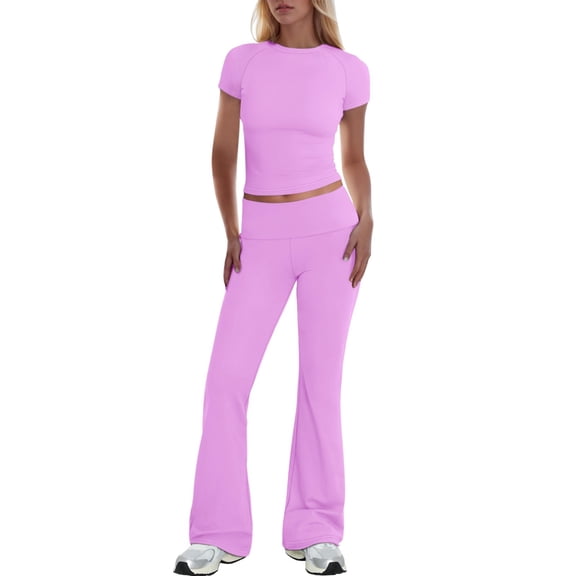 Pimfylm Two Piece Lounge Sets for Women Wide Leg Pants Short Sleeve Crop Tops Y2k Matching Sets Travel Outfits Pink, M