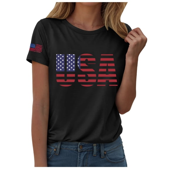 Pimfylm USA Flag Tee Shirt Women 4th of July Gift T Shirt Casual Short Sleeve American Proud T-Shirt Tops Black, L