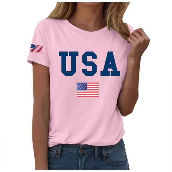 Pimfylm USA Flag Tee Shirt Women 4th of July Gift T Shirt Casual Short Sleeve American Proud T-Shirt Tops Pink, M