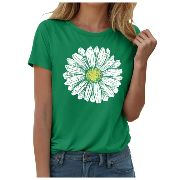 Pimfylm Vintage Flowers Crew Neck Shirt for Women Boho Floral Wildflowers Graphic Tee Casual Summer Vacation Beach Short Sleeve T Shirt Green, S