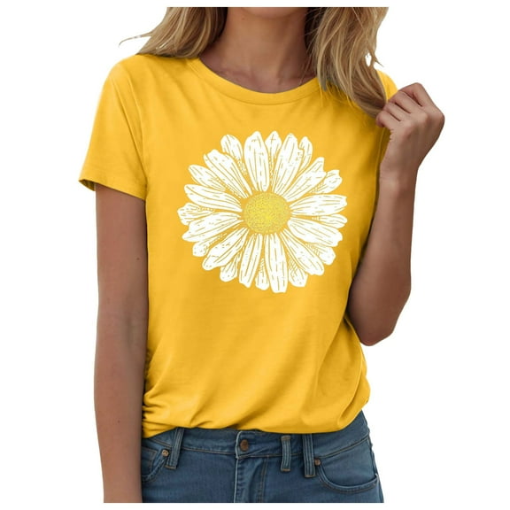 Pimfylm Vintage Flowers Crew Neck Shirt for Women Boho Floral Wildflowers Graphic Tee Casual Summer Vacation Beach Short Sleeve T Shirt Yellow, L
