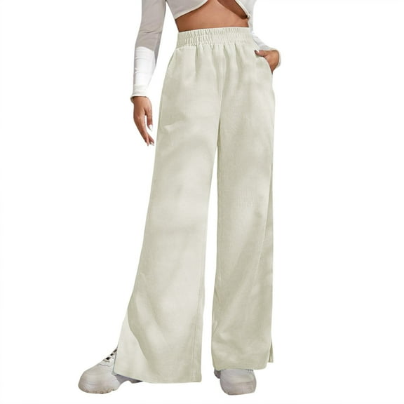 Pimfylm Wide Leg Pants for Women Dressy Work Business Casual Elastic High Waisted Trousers Ribbed Lounge Palazzo Pants White, S
