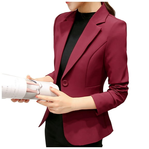 Pimfylm Women's Casual Blazer 3/4 Ruched Sleeve Open Front Button Work Office Blazer Jackets with Pockets Red, M