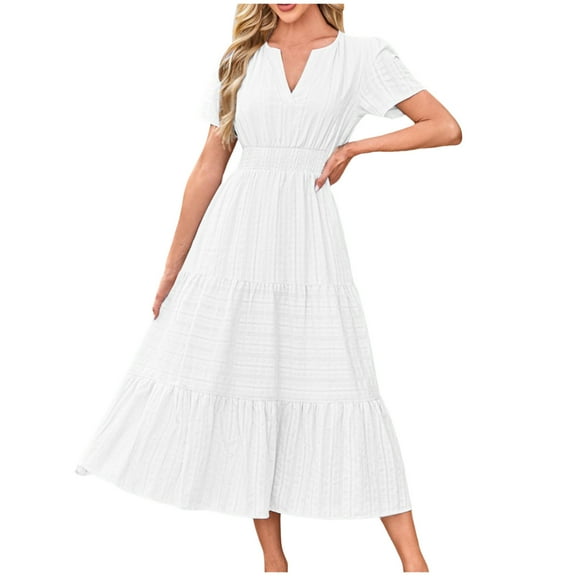 Pimfylm Women Casual Short Sleeve V-Neck Pocket Smocked Waist Flowing A-Line Midi Dresses White, S