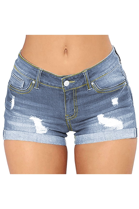 Women Casual Summer Mid Waist Stretchy Denim Jean Shorts Junior Short Jeans Light Blue, L