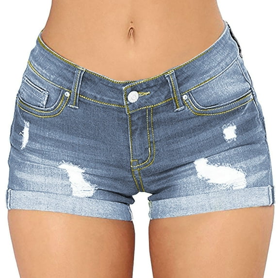Pimfylm Women Casual Summer Mid Waist Stretchy Denim Jean Shorts Junior Short Jeans Light Blue, XL