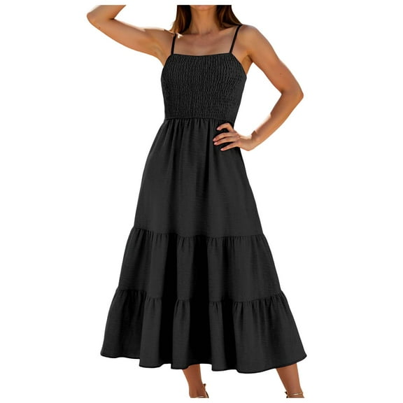 Pimfylm Women Floral Maxi Dress Tie Front Cut Out Backless Boho Spaghetti Strap Summer Beach Sundress Black, S