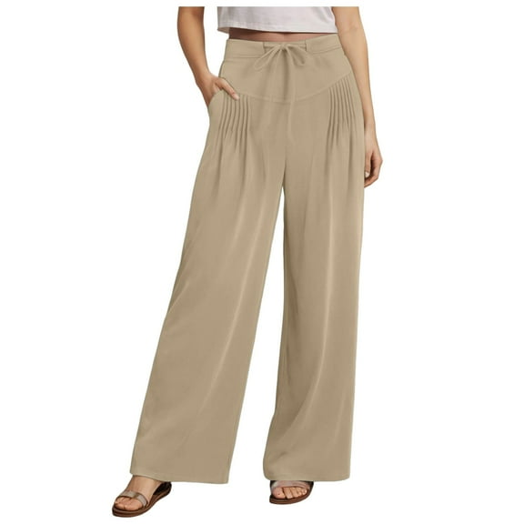 Pimfylm Women Linen Pants Casual Wide Leg Dress Pants High Waisted Paperbag Work Trousers Summer Tie Knot Pockets Khaki, S