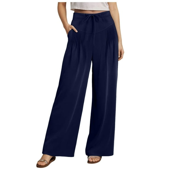 Pimfylm Women Linen Pants Casual Wide Leg Dress Pants High Waisted Paperbag Work Trousers Summer Tie Knot Pockets Navy, S
