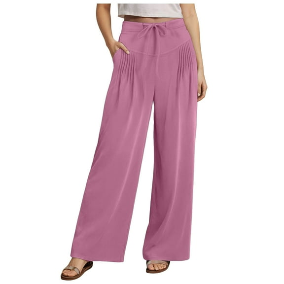 Pimfylm Women Linen Pants Casual Wide Leg Dress Pants High Waisted Paperbag Work Trousers Summer Tie Knot Pockets Pink, S