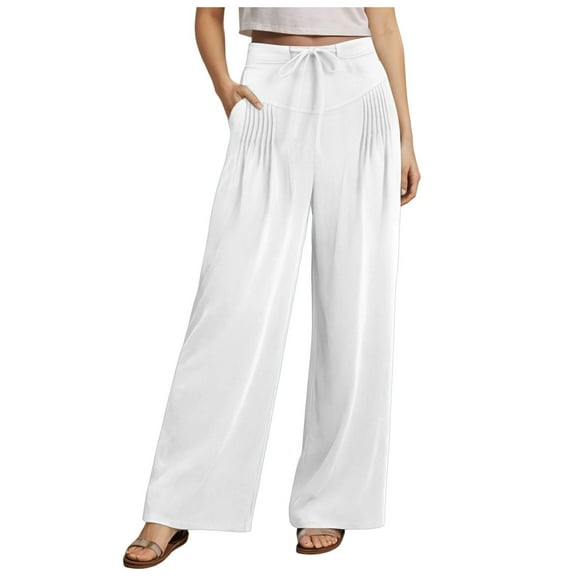 Pimfylm Women Linen Pants Casual Wide Leg Dress Pants High Waisted Paperbag Work Trousers Summer Tie Knot Pockets White, S