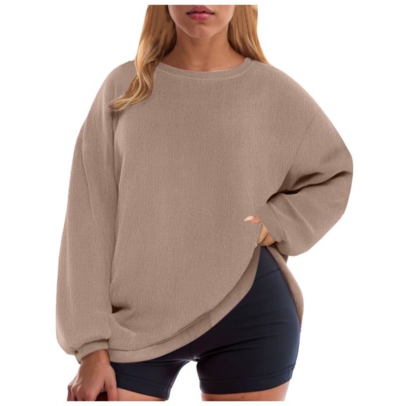 Pimfylm Women Plus Size Sweatshirts Long Sleeve Crew Neck Casual Oversized Soft Pullover Tops Shirts Khaki, S
