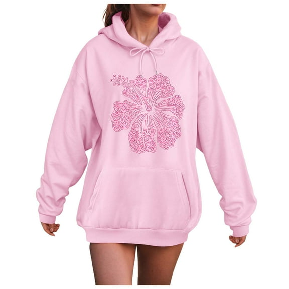 Pimfylm Women Preppy Embroidered Hoodies Y2K Graphic Cute Teen Girls Oversized Sweatshirt Floral Pullover Top Pink, XXXL