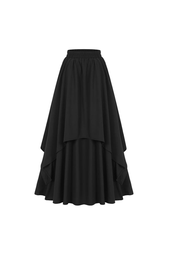 Women Renaissance Long Maxi Skirt Double Layered Ruffled Irregular Chiffon Skirts Black, XXL