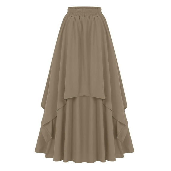 Pimfylm Women Renaissance Long Maxi Skirt Double Layered Ruffled Irregular Chiffon Skirts Brown, M