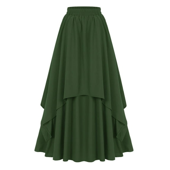 Pimfylm Women Renaissance Long Maxi Skirt Double Layered Ruffled Irregular Chiffon Skirts Green, XXL