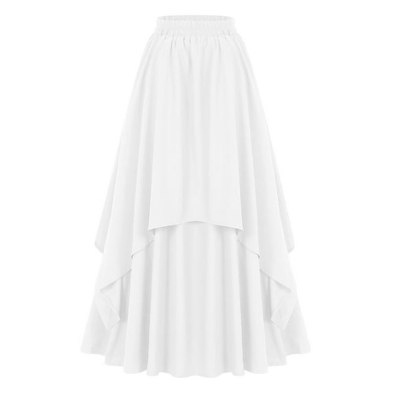 Pimfylm Women Renaissance Long Maxi Skirt Double Layered Ruffled Irregular Chiffon Skirts White, S