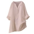 thumbnail image 1 of Pimfylm Women'S Solid Color Stand Up Collar Button Cotton Linen Long Sleeved Shirt Blouse Pink 5XL, 1 of 3