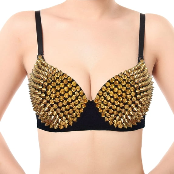 Pimfylm Women Steampunk Spike Studs Rivet Rhinestone Bra Party Club Rave Sexy Sport Bralet Metallic Tops Punk Dancing Push Up A, S