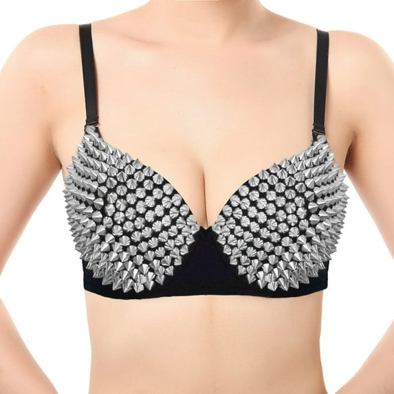 Pimfylm Women Steampunk Spike Studs Rivet Rhinestone Bra Party Club Rave Sexy Sport Bralet Metallic Tops Punk Dancing Push Up B, M