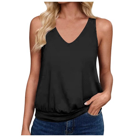Pimfylm Women Summer Deep V Neck Tank Top Loose Fit Flowy Sleeveless Shirt Black, M