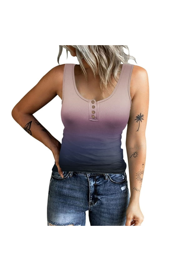 Women Tank Tops Summer Casual Ribbed Sleeveless Basic Cami Top Slim Henley Button Down Blouses(Khaki,L)