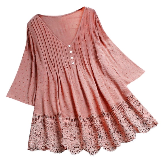 Pimfylm Women Vintage Three Quarter Lace V Neck Plus Size Top T Shirt Blouse Pink 5XL