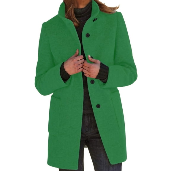 Pimfylm Women Winter Long Pea Coat Wool Blend Stand Collar Single Thicken Blazer Jacket Green, S
