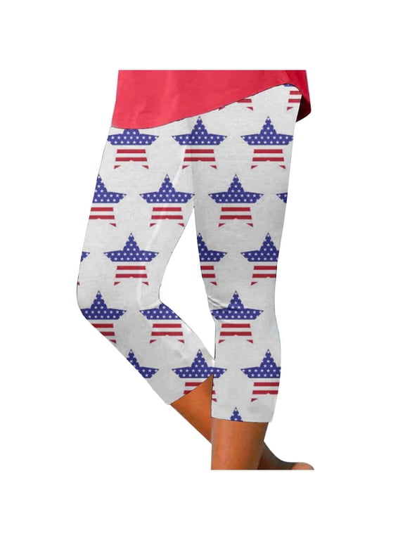 Women Yoga Pants Capri for American 4Th of July Print Leggings for Running Pilates Gym Tights Compression(White,M)