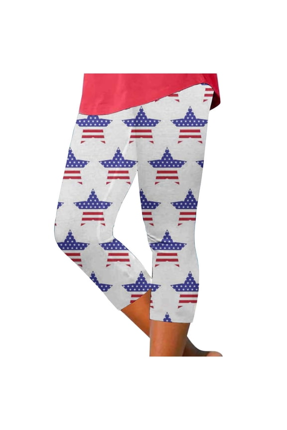 Women Yoga Pants Capri for American 4Th of July Print Leggings for Running Pilates Gym Tights Compression(White,M)