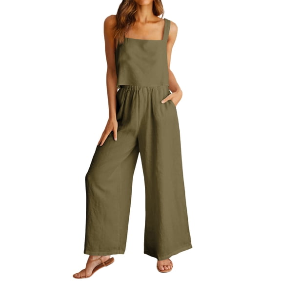 Pimfylm Women's 2 Piece Outfits Linen Pants Jumpsuit Matching Lounge Set Casual Summer Beach Vacation Trendy Clothes AG, XL