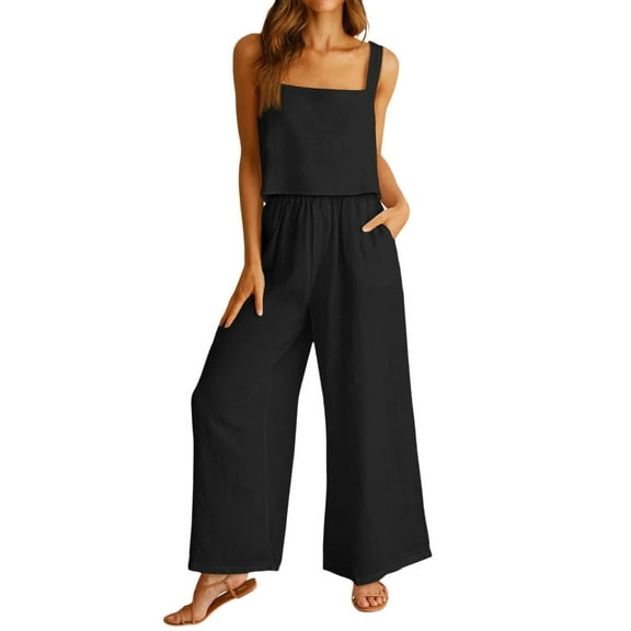 Pimfylm Women's 2 Piece Outfits Linen Pants Jumpsuit Matching Lounge Set Casual Summer Beach Vacation Trendy Clothes Black, M