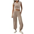 thumbnail image 1 of Pimfylm Women's 2 Piece Set Summer Outfits Lounge Sets Ruched Short Sleeve Tops High Waisted Wide Leg Pants Tracksuit Sets Khaki, XL, 1 of 9