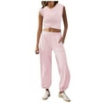 thumbnail image 1 of Pimfylm Women's 2 Piece Set Summer Outfits Lounge Sets Ruched Short Sleeve Tops High Waisted Wide Leg Pants Tracksuit Sets Pink, S, 1 of 9