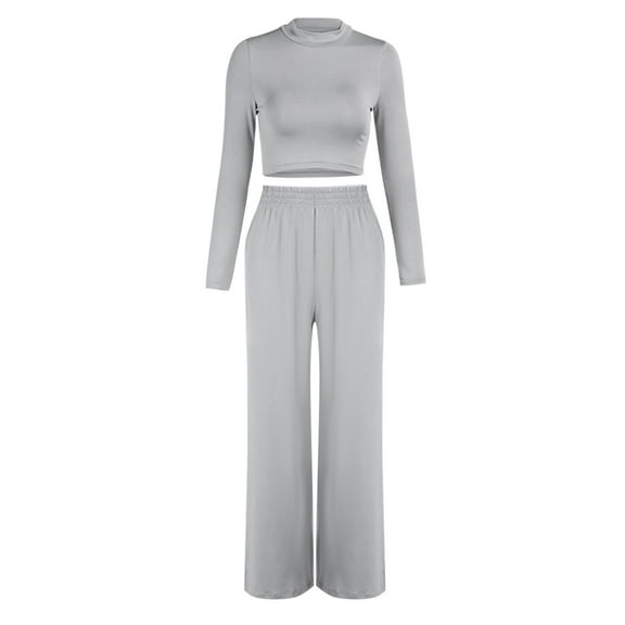 Pimfylm Women's 2025 Fall Trendy 2 Piece Outfits Lounge Sets Long Sleeve Top Henley Shirts Wide Leg Pants Travel Clothes White, S