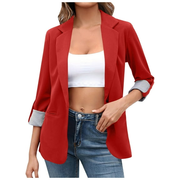 Pimfylm Womens Blazer 2025 Spring Fall Bussiness Casual Long Sleeve Button Open Front Suit Jackets Work Clothes Pockets Red, M