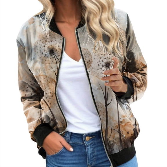 Pimfylm Women's Casual Floral Zip Up Bomber Jacket Coat Lightweight Short Camo No Lining Outwear Tops Windbreaker with Pocket Coffee, S