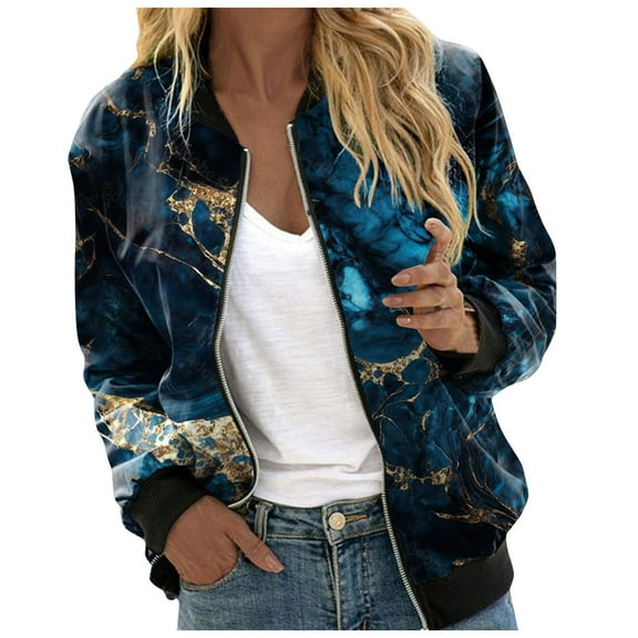 Pimfylm Women's Casual Floral Zip Up Bomber Jacket Coat Lightweight Short Camo No Lining Outwear Tops Windbreaker with Pocket Dark Blue, M