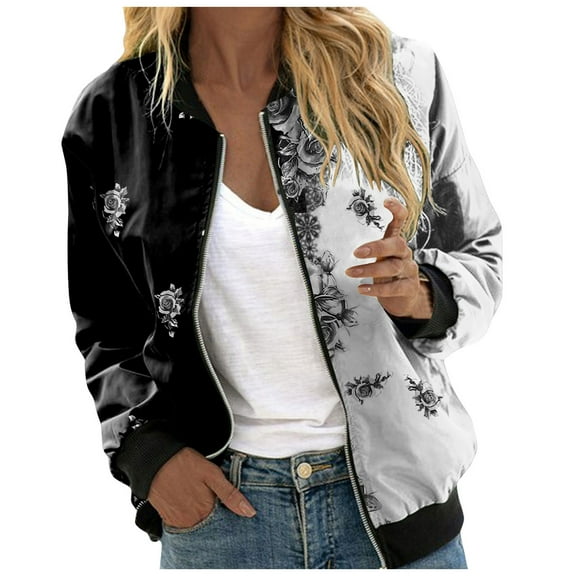 Pimfylm Women's Casual Floral Zip Up Bomber Jacket Coat Lightweight Short Camo No Lining Outwear Tops Windbreaker with Pocket Grey, M
