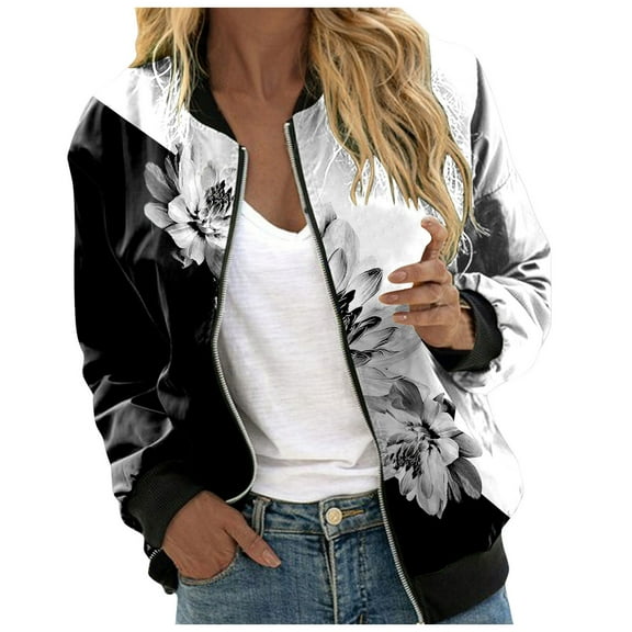 Pimfylm Women's Casual Floral Zip Up Bomber Jacket Coat Lightweight Short Camo No Lining Outwear Tops Windbreaker with Pocket Grey, XL