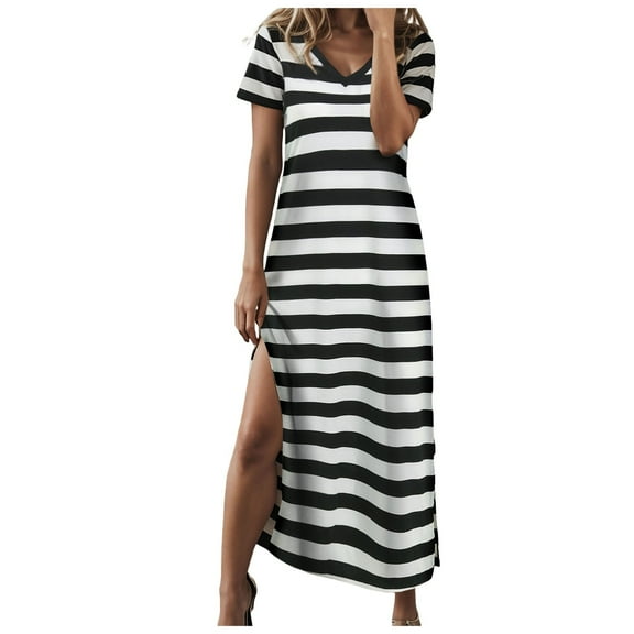 Pimfylm Women's Casual Loose Sundress Short Sleeve V Neck Long Dress Split Maxi Summer Beach Dress with Pockets White, L