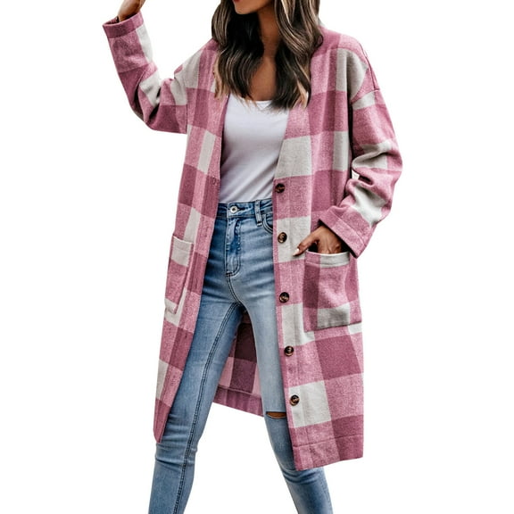Pimfylm Women's Casual Plaid Lapel Woolen Button Up Pocketed Long Shacket Coat Pink, L