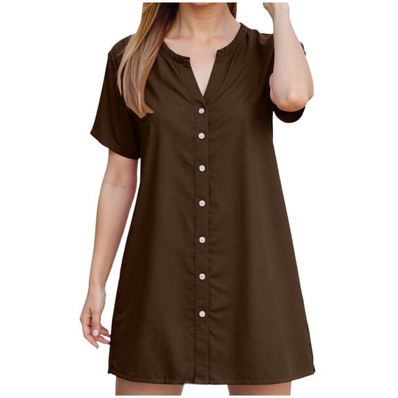 Pimfylm Women's Casual Shirt Dress Button Down Ruffle Sleeve Shift Summer Mini Dresses with Pockets Coffee, M