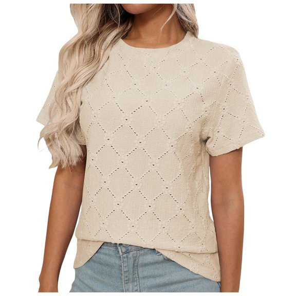 Pimfylm Women's Clothing Trendy Short Sleeve Summer Tops Dressy Casual Crewneck T Shirts Plus Size Spring Clothes Loose Fit Beige, S