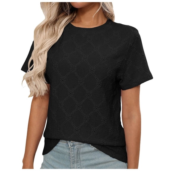 Pimfylm Women's Clothing Trendy Short Sleeve Summer Tops Dressy Casual Crewneck T Shirts Plus Size Spring Clothes Loose Fit Black, S