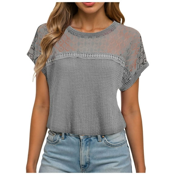Pimfylm Women's Clothing Trendy Short Sleeve Summer Tops Dressy Casual Crewneck T Shirts Plus Size Spring Clothes Loose Fit Grey, L
