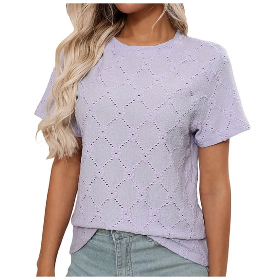 Pimfylm Women's Clothing Trendy Short Sleeve Summer Tops Dressy Casual Crewneck T Shirts Plus Size Spring Clothes Loose Fit Light Purple, L